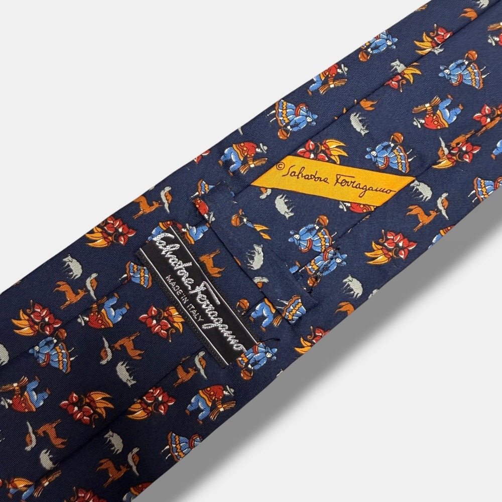 Salvatore Ferragamo Tie Mens‎ OS Navy Blue Silk Farm Animal Print Made in Italy